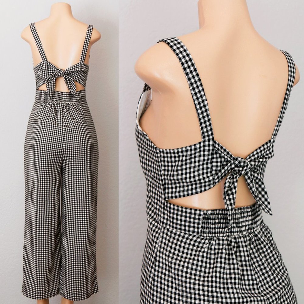 NEW Gingham Plaid Button Front Tie Back Jumpsuits - Picture 4 of 11